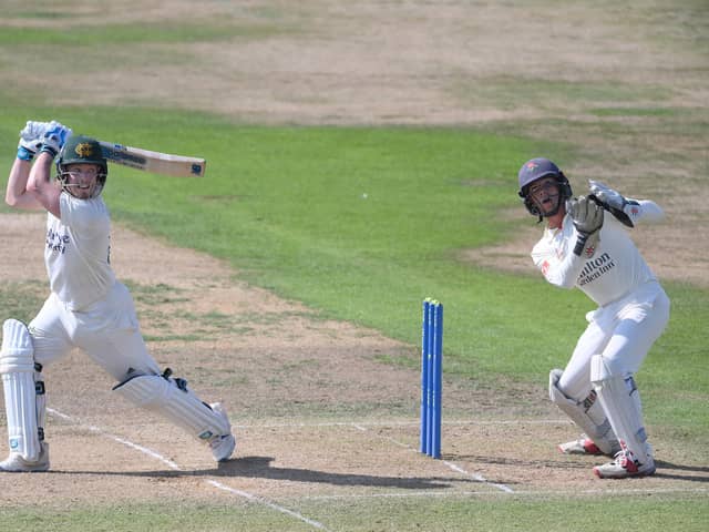 Tom Moores (97) (pictured) and Lyndon James (91) put on a partnership of 176 for the sixth wicket. (Photo by Laurence Griffiths/Getty Images)