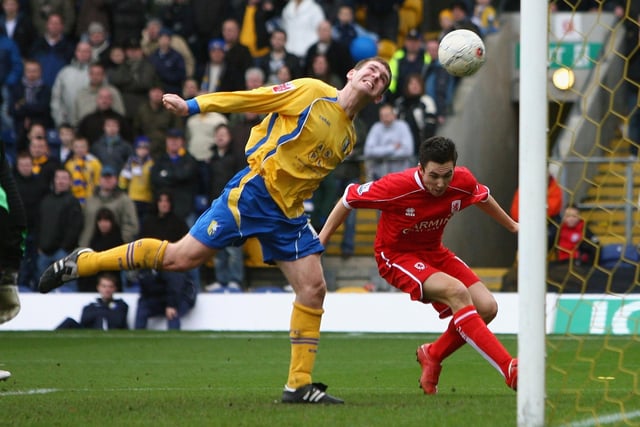 Jake Buxton heads the ball in to his own net under pressure from Stewart Downing as Middlesbrough knocked Stags out of the FA Cup on January 26, 2008.