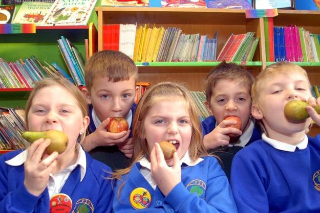 Pupils at Park Junior School Shirebrook in 2008 made sure they got a healthy balanced diet as they tucked into a different piece of fruit each day as part of the schools Healthy lifestyles project. Children were encouraged to eat healthily and rewarded with healthy eating stickers by the dinner supervisors.
