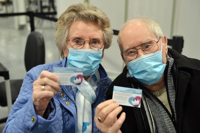 Newlyweds Geoff Holland, 90, and Jenny Holland, 86, from Town View independent living scheme getting their vaccination.