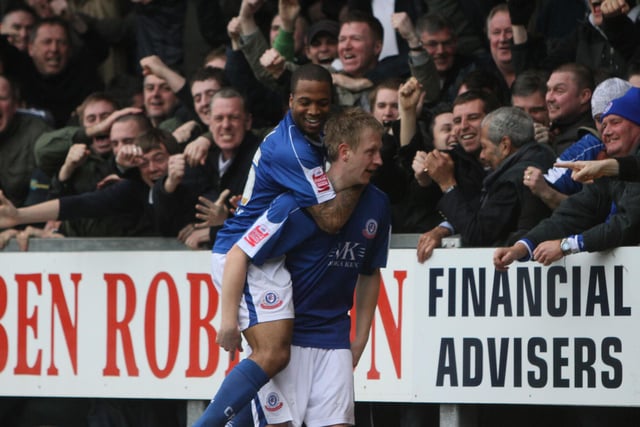 Scott Boden celebrates his goal in the 2-2 draw at Burton Albion in March 2010 with Wade Small.