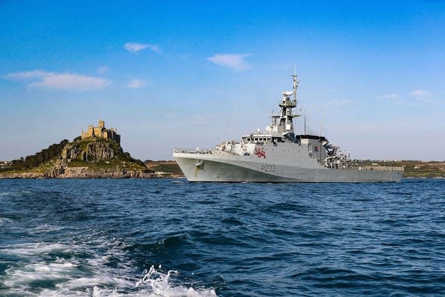 HMS Tamar sailed past Saint Michaels Mount Cornwall whilst conduting sea boat drills.
