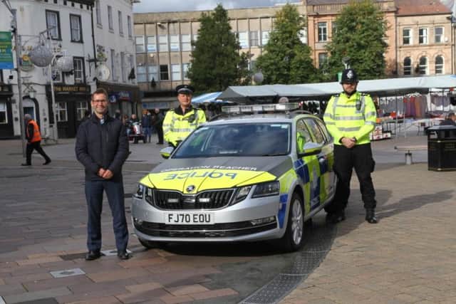 Executive Mayor of Mansfield Andy Abrahams, Inspector Nick Butler, Sergeant Jay Lee in Mansfield town centre