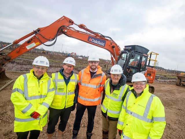 Pictured at the site are, from left: Derek Highton (Council interim corporate director), Jonathan Archer, (Morgan Sindall Construction), Coun Ben Bradley MP (council leader), Coun Bruce Laughton (council deputy leader), Dan Maher (Arc Partnership). Photo: Submitted