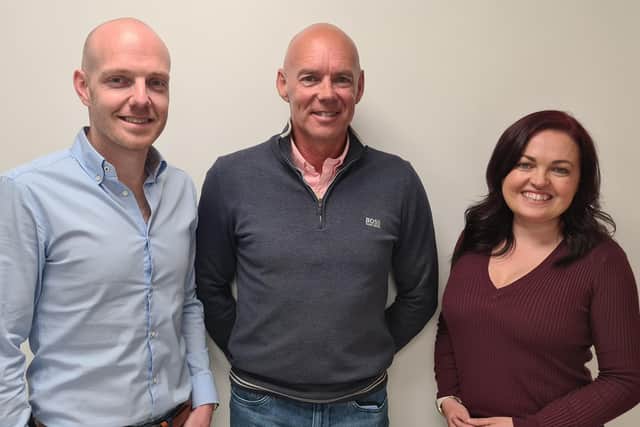 Operations director Natalie Drewery with her fellow members of the management team at Motorhome Depot, Richard Wood (centre) and Adam Reek.