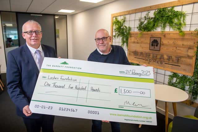 Mark Cotes presenting Andy Summers with a £1,500 cheque for Lashes Foundation
