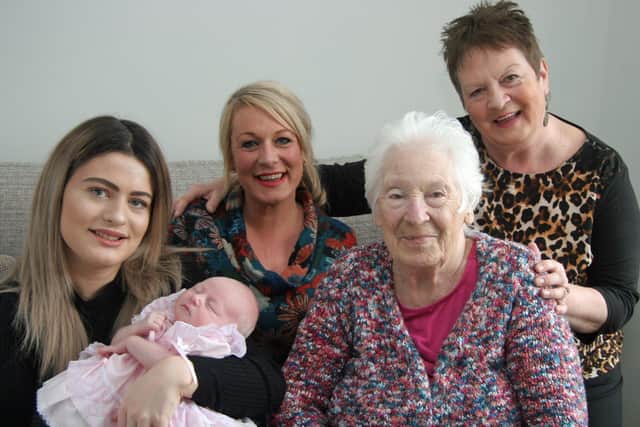 New Houghton five Generations - Baby Dolly Gannon, Megan Nussey, Tracy Simpson, Sandra Carr and great-great-grandma Kathleen Clarke.
