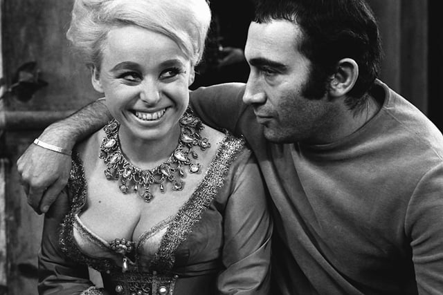 Composer Lionel Bart encouraging Barbara Windsor during dress rehearsals for Twang! in 1965.