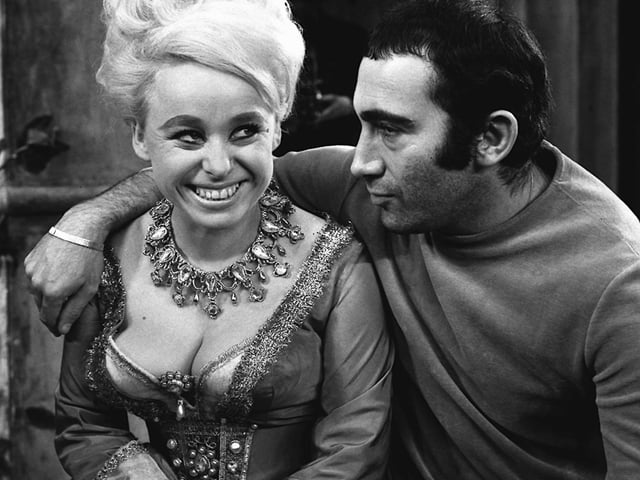 Composer Lionel Bart encouraging Barbara Windsor during dress rehearsals for Twang! in 1965.