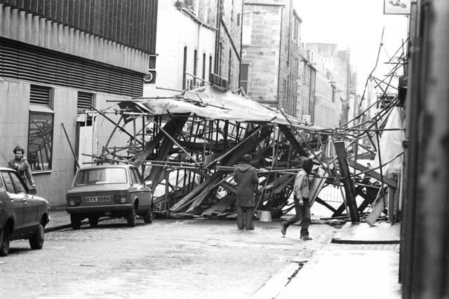 Scaffolding in Rose Street was brought down by the wind when gales hit Edinburgh in March 1982.