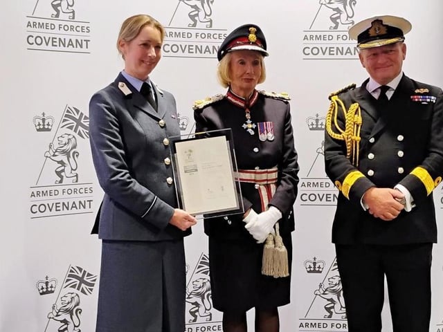 Kathryn Corbett with Lord-Lieutenant of Derbyshire Elizabeth Fothergill CBE, Commodore Robert Bellfield CBE ADC RN