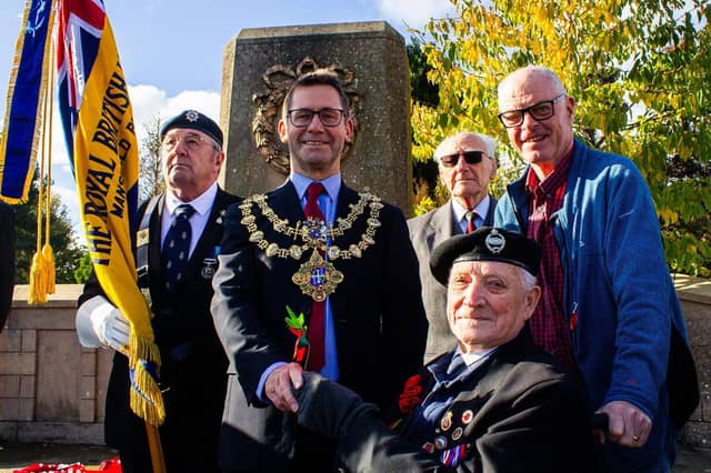 Mayor Andy Abraham launching the 2025 Poppy Appeal with 102-year-old WW2 veteran Ted Rutland and the Royal British Legion