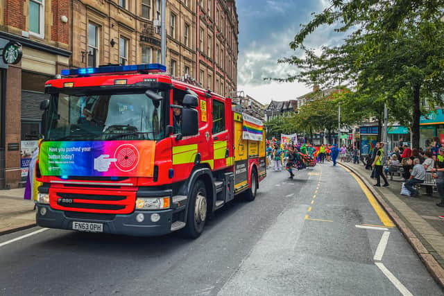 Staff from Nottinghamshire Fire and Rescue Service led Nottinghamshire’s Pride parade with a fire engine in September 2021. Photo by Nottinghamshire Fire and Rescue Service.