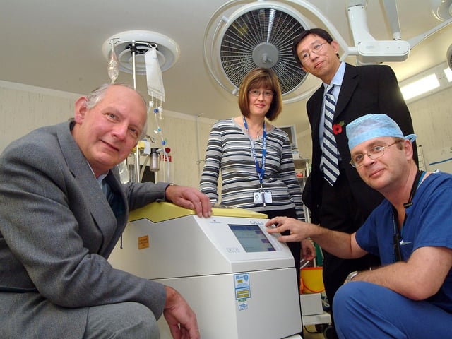 Back in 2007, King's Mill Hospital volunteers presented new CATS machines to the hospital. Pictured (left to right) volunteer Ron Tansley, Specialist Transfusion Practitioner Jane Walden, Consultant Anaesthetist Dr Swe Maung and Steve Knowles.