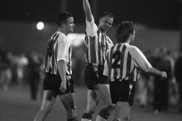 Phil Stant celebrates a goal against Crewe in 1991.