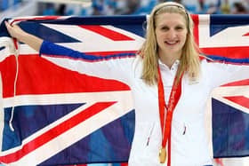 Gold medalist Rebecca Adlington poses during the medal ceremony for the 800m Freestyle Final during Day 8 of the Beijing 2008 Olympic.