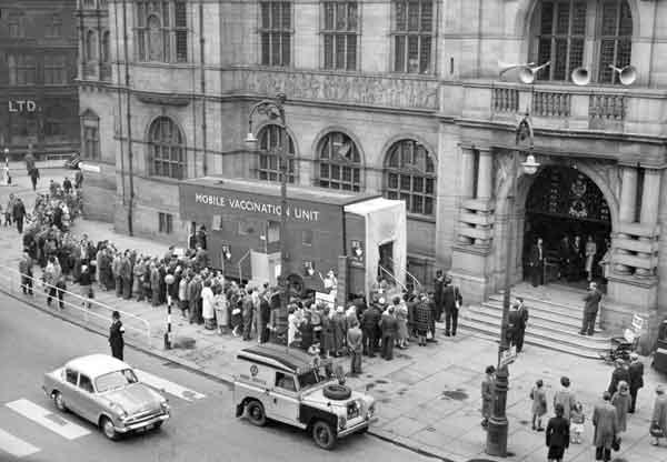 Mobile polio vaccination unit outside the Town Hall, 1960s
