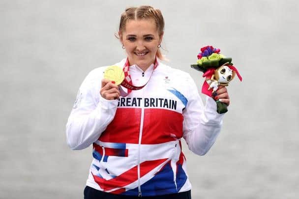 SEPTEMBER - Mansfield canoeist Charlotte Henshaw celebrates her gold medal at the Paralympic Games in Tokyo.