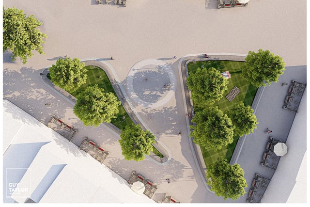 An aerial view of the Portland Square plans