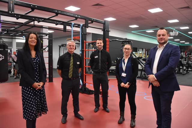 From left, Ashfield Council chief executive Theresa Hodgkinson, Everyone Active contract manager Lorenzo Clark, centre general manager Tommy Fairweather, health and wellbeing manager Andrea Stone and Coun Jason Zadrozny, council leader, in the new gym.