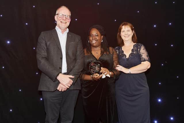Gerrie Edwards, centre, with trust chief executive Paul Robinson and chairman Claire Ward, after winning the lifetime achievement award at Sherwood Forest Hospitals NHS Trust's 2023 excellence awards. Picture: Sherwood Forest Hospitals NHS Trust