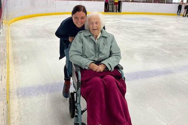 Betty Thompson on the ice with Jenna Hemmings, Baily House Care Home ambitions co-ordinator. Picture: Baily House Care Home