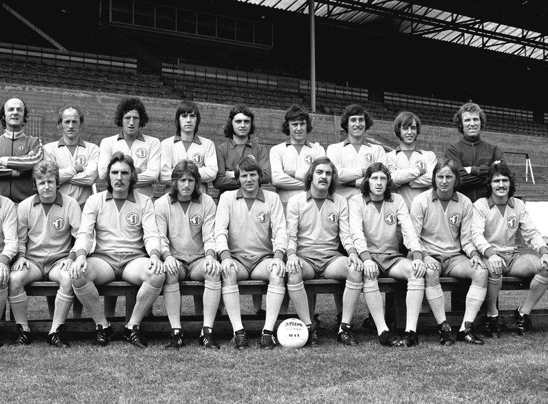 Champions to be - Mansfield Town 1974-75 - Back from left: D. Smith, manager, C. Walker, M. Hailwood, T. Cook R. Arnold, A. Shore, C. Foster, B. Foster and J. Haselden coach. Front row: P. Matthews, J. McCaffery, T. Eccles, K. Bird, S. Pate, G. Hodgson, M. Laverick, D. O'Connor and J. Lathan.