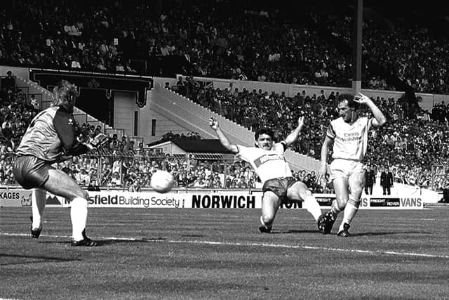Kevin Kent scores for Mansfield in the 1987 Stags Freight Rover Final at Wembley Stadium.