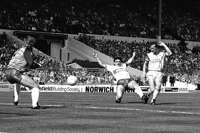 Kevin Kent scores for Mansfield in the 1987 Stags Freight Rover Final at Wembley Stadium.