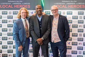 Local Heroes, from left, Tony Woodcock, Viv Anderson and Garry Birtles, at the premiere of Local Heroes. Picture: Ritchie Sumpter/Alamy Live News.