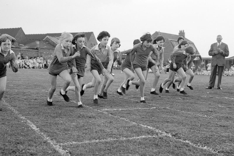 Relay running with a difference at a Newgate Lane School sports day in 1965.