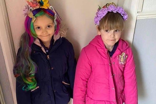 Hannah and Scarlett ready for crazy hair at school for Red Nose Day.
