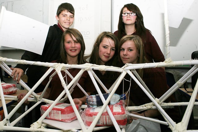 2008: With their competition-winning bridge design are Kimberley School pupils Daniel Hubbard, 14, Hannah Clarke, 14, Emily Carr, 13, May McMullan, 14 and April McGregory.