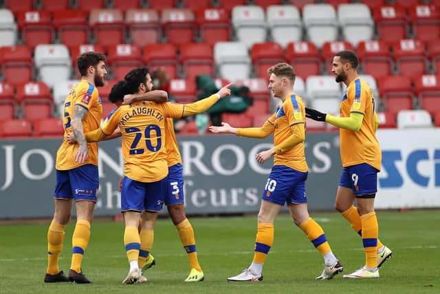 Stephen McLaughlin put Mansfield Town ahead after just three minutes. (Photo by Eddie Keogh/Getty Images)