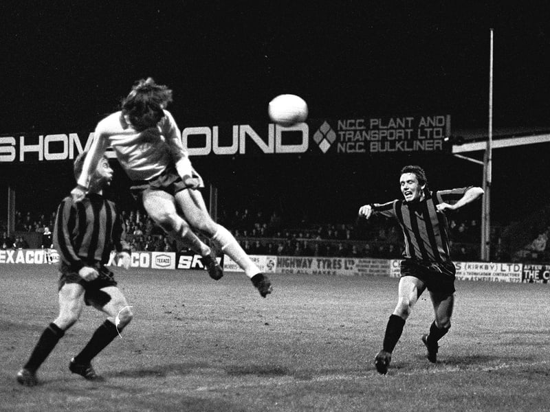 Terry Eccles tests the Stockport keeper with a header in Oct 1973.