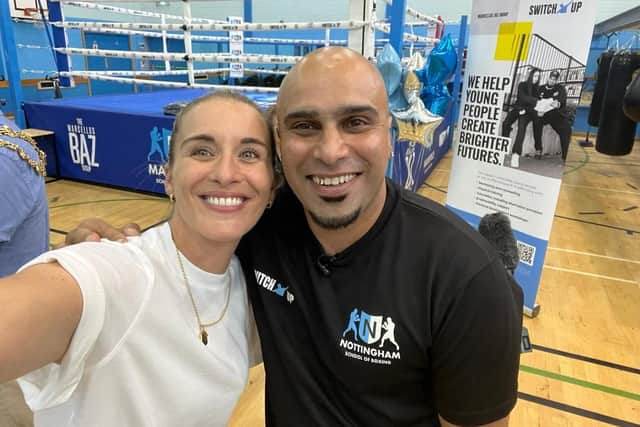 All smiles from Vicky McClure, of TV's 'Line Of Duty' fame, and Switch Up boss Marcellus Baz at the launch of Mansfield Community Hub.