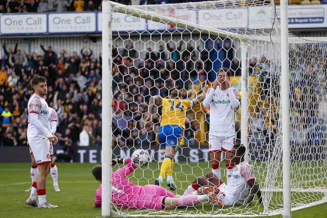 Stags go ahead during the Sky Bet League 2 match against Walsall FC at the One Call Stadium, 28 Oct 2023
Photo credit - Chris & Jeanette Holloway / The Bigger Picture.media