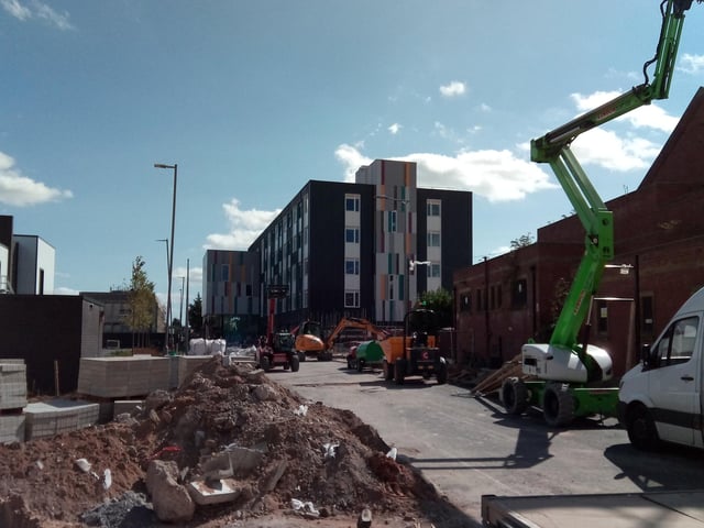 The Doncaster University Technical College viewed from Waterdale, with construction vehicles in the foreground