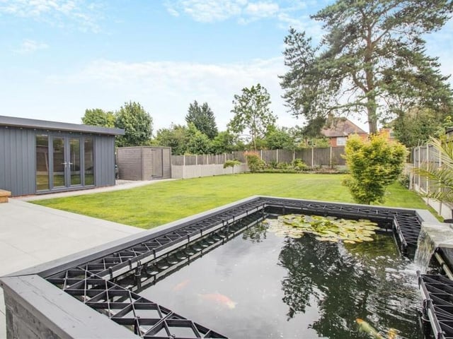 This large pond adds a touch of aesthetic luxury to the rear garden of the £395,000 bungalow.