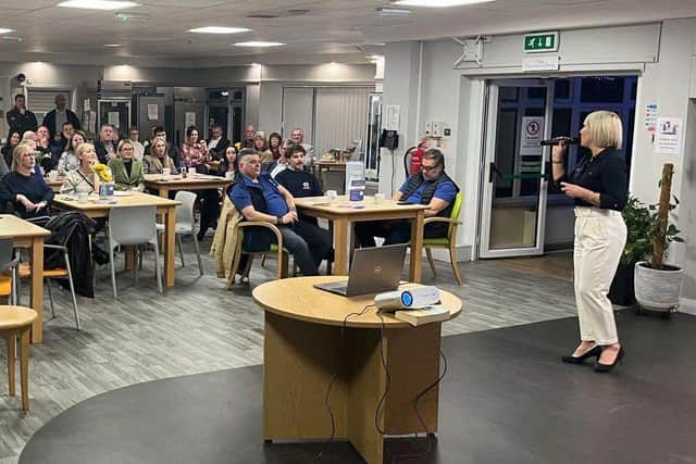 Lisa Todd, Fundraising Innovation Manager at John Eastwood Hospice Trust, presents to the launch attendees.