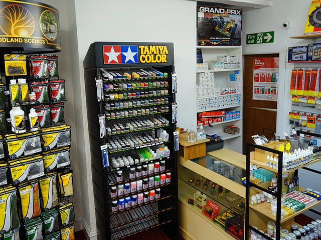 The shop stocks a range of Tamiya products.
