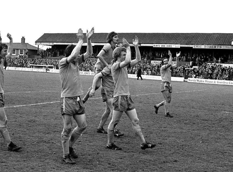 Stags celebrate promotion after last game win at Wrexham's Racecourse Ground in 1979.