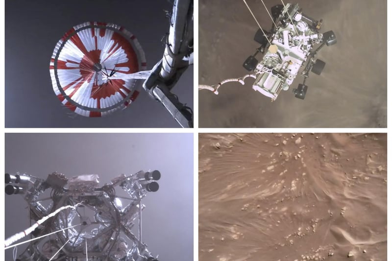 This combination of images from video made available by NASA shows steps in the descent of the Mars Perseverance rover as it approached the surface of the planet on Thursday, Feb. 18