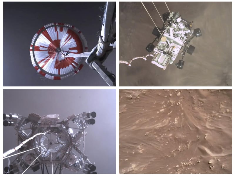 This combination of images from video made available by NASA shows steps in the descent of the Mars Perseverance rover as it approached the surface of the planet on Thursday, Feb. 18