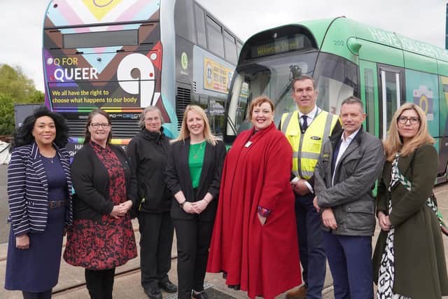 A tram and a bus wrapped completely in the Night Time A-Z designs were unveiled at Nottingham Express Transit’s Wilkinson Street depot to launch the campaign