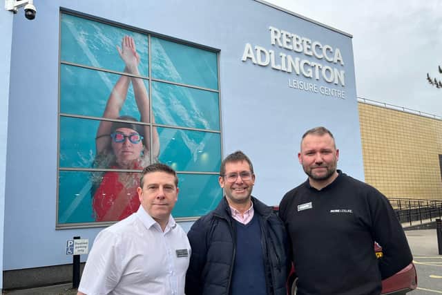 Andy Abrahams, Mansfield mayor, centre, with Serco management at Rebecca Adlington Leisure Centre.
