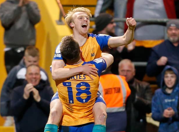 Mansfield Town midfielder George Lapslie celebrates his second half goal tonight.Photo by Chris Holloway / The Bigger Picture.media