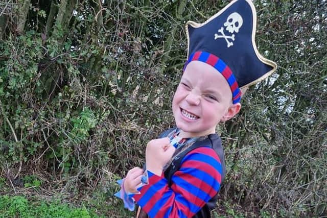 Little Billy Dawes aged six - here dressed as a pirate! He will be walking 10 miles with his mum Eve to raise funds for the Pleasley Christmas Lights fund.