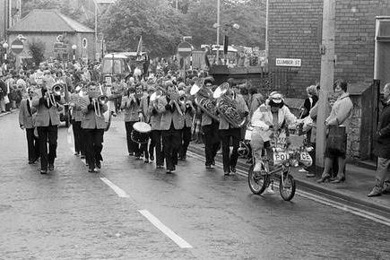 A brass band entertained the crowds during the procession of the 1980 Mansfield Carnival.