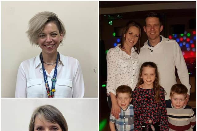 Top Nik Shivley, below, Paula McCay from St Philip Neri with St Bede Catholic Voluntary Academy in Mansfield and right Clare Grady-Lennon, with husband Matt, and children Caitlin, Ciaran and Shay.